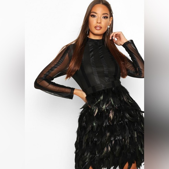 NWT BOOHOO Highneck Feather Skirt Mini Dress - Picture 2 of 12